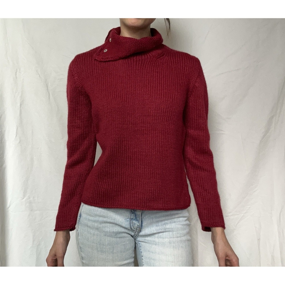 Vintage 90s Red Button Sweater Wool Blend Funnel Neck Preppy Quiet Luxury Chic